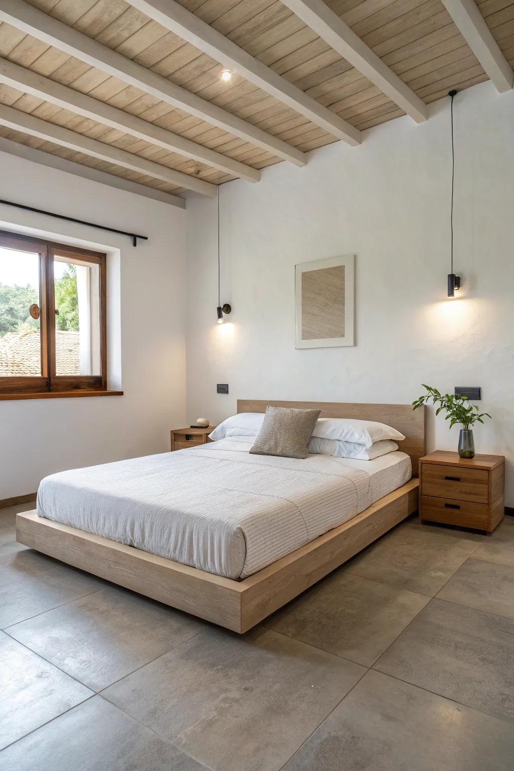 Floating nightstands keep it clean and modern.