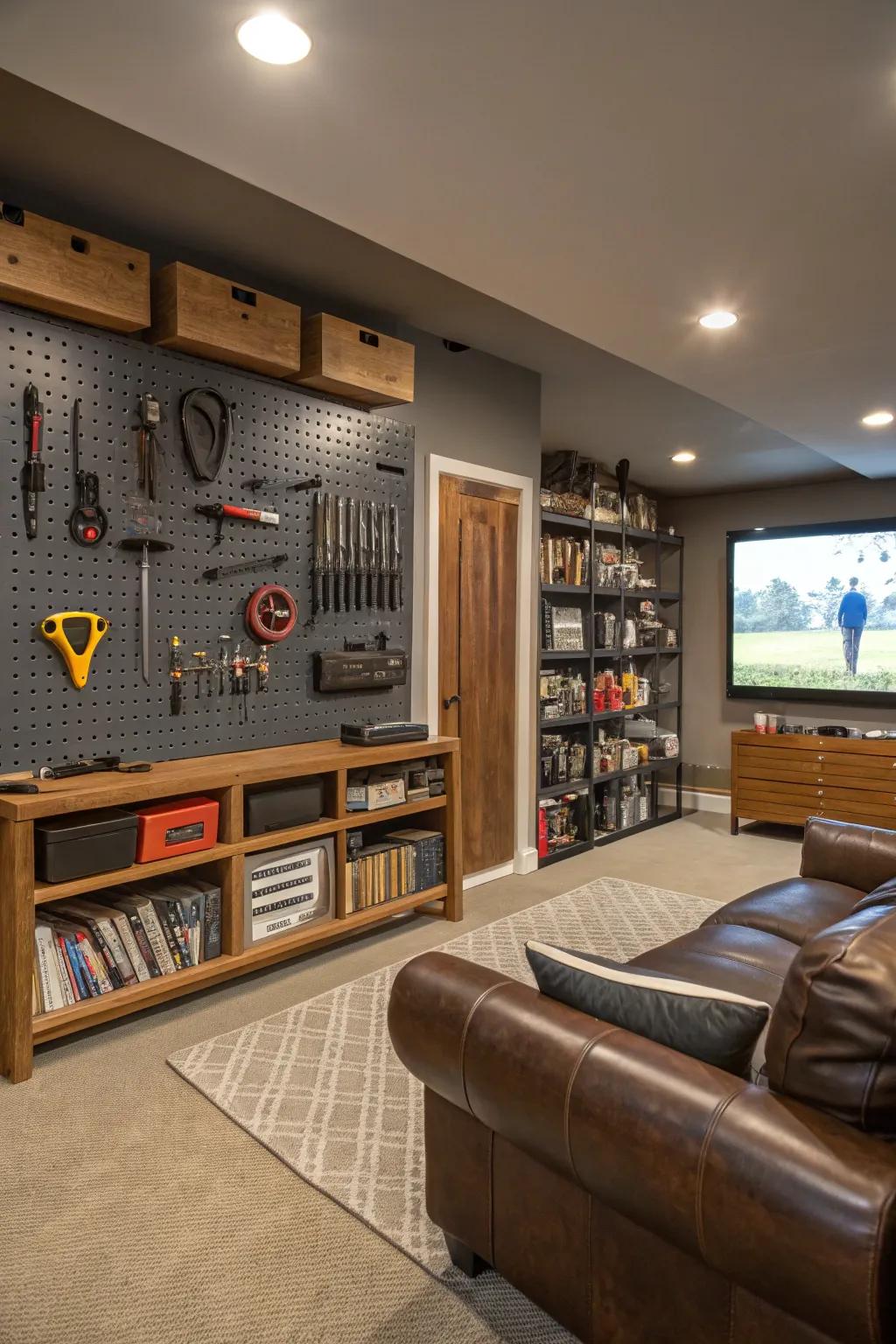 A pegboard wall blends functionality with style.