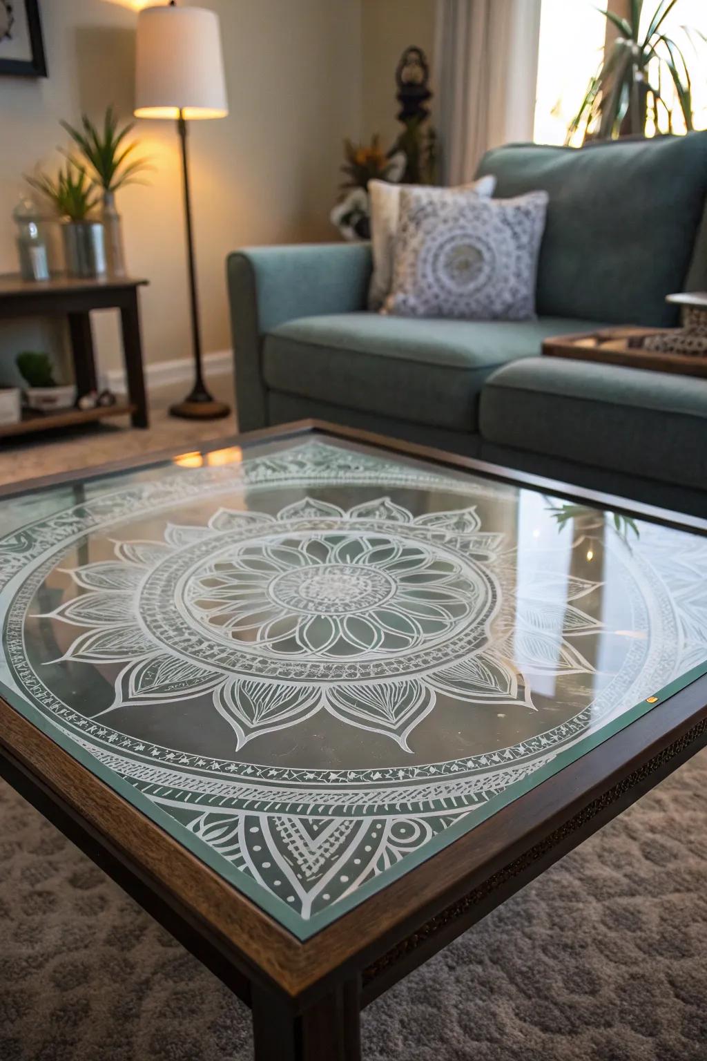 Etched circle motif designs on a glass coffee table adding sophistication.