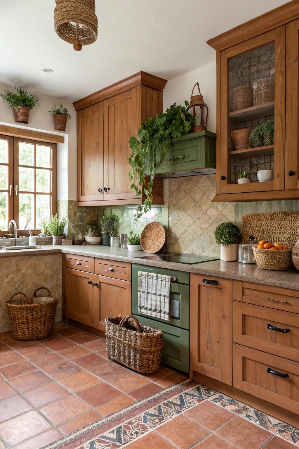 A warm kitchen with walnut cabinets and earthy tones for a calming atmosphere.