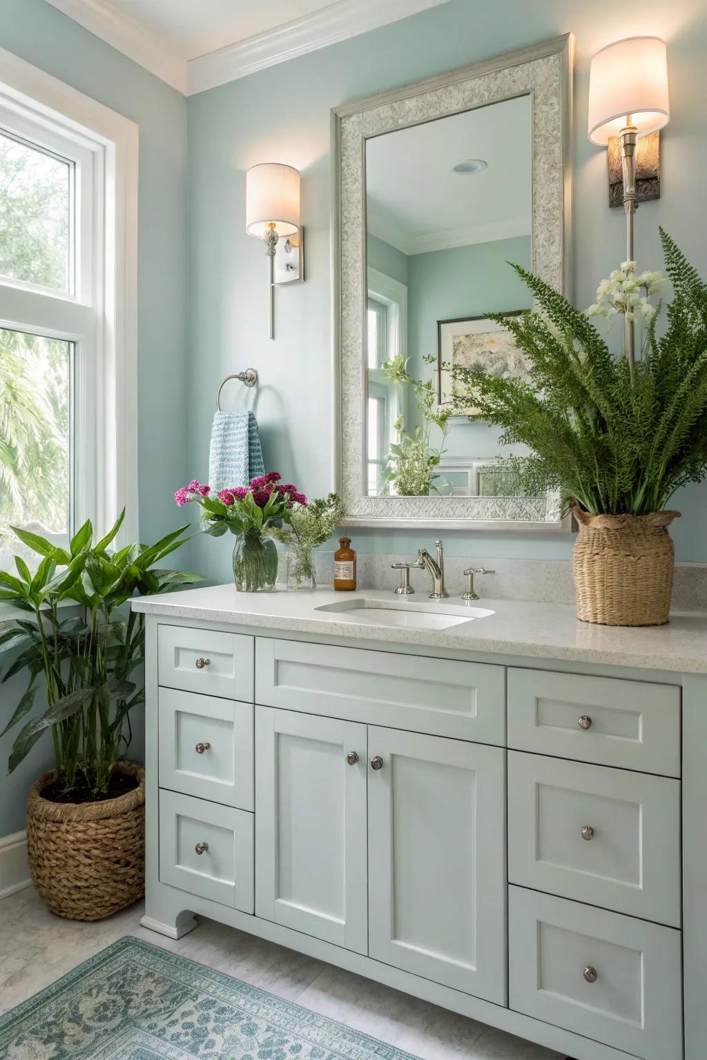 A serene bathroom vanity featuring calming colors and natural elements.
