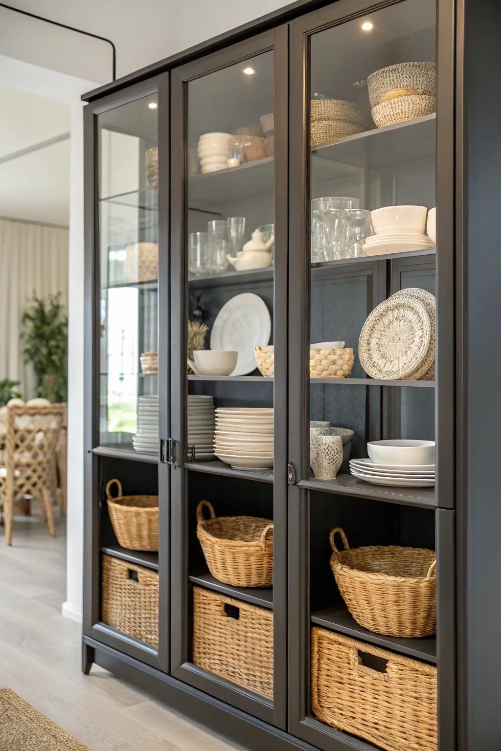 Containers inject texture and storage into a china cabinet.