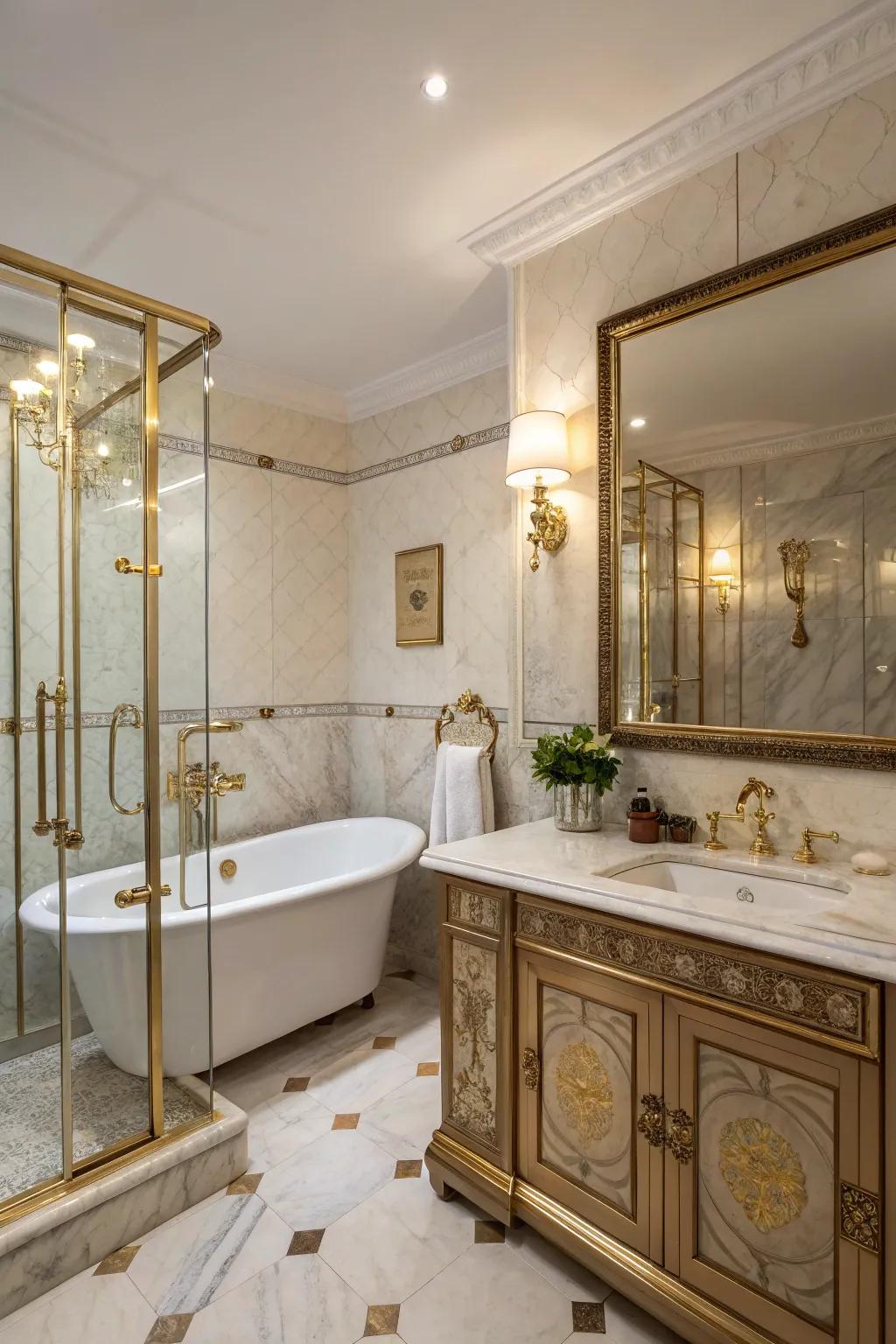 Brass accents bring a hint of sophistication to this welcoming bathroom.