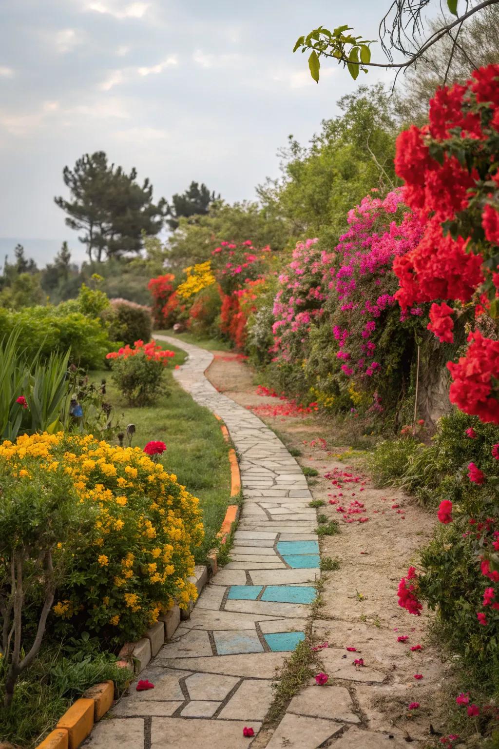 A garden path that stands out with intense hues, injecting energy into the space.