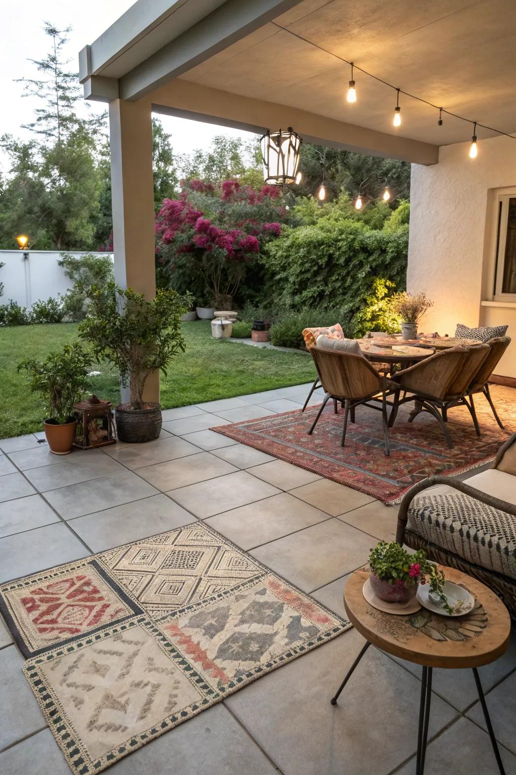 Pair tiles with outdoor rugs for distinct, cozy zones.