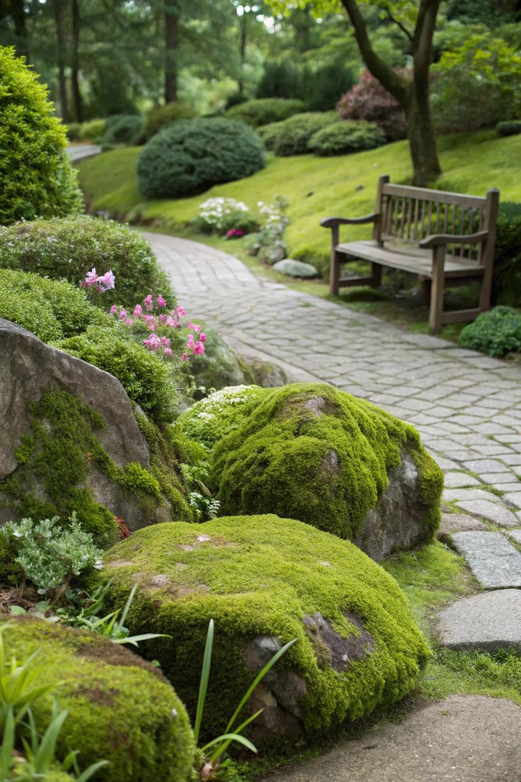 Rocks and moss fashion a harmonious and serene garden scene.