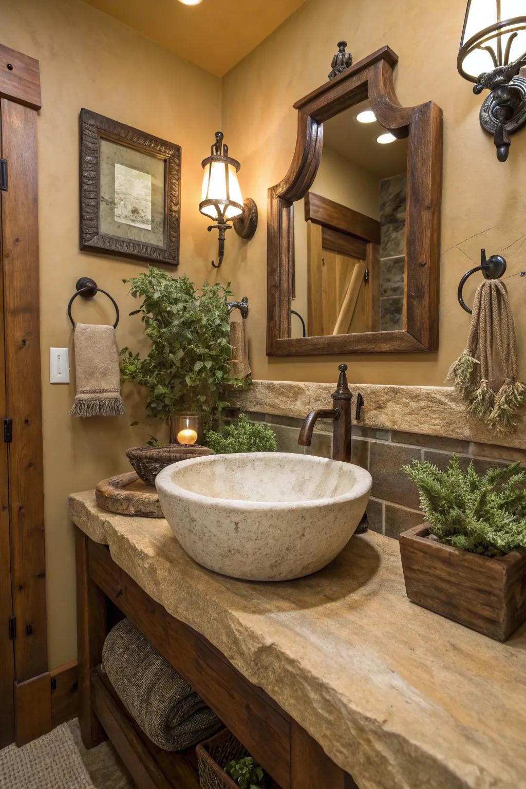 A custom stone sink takes its place as a remarkable centerpiece in a rustic-themed bathroom.