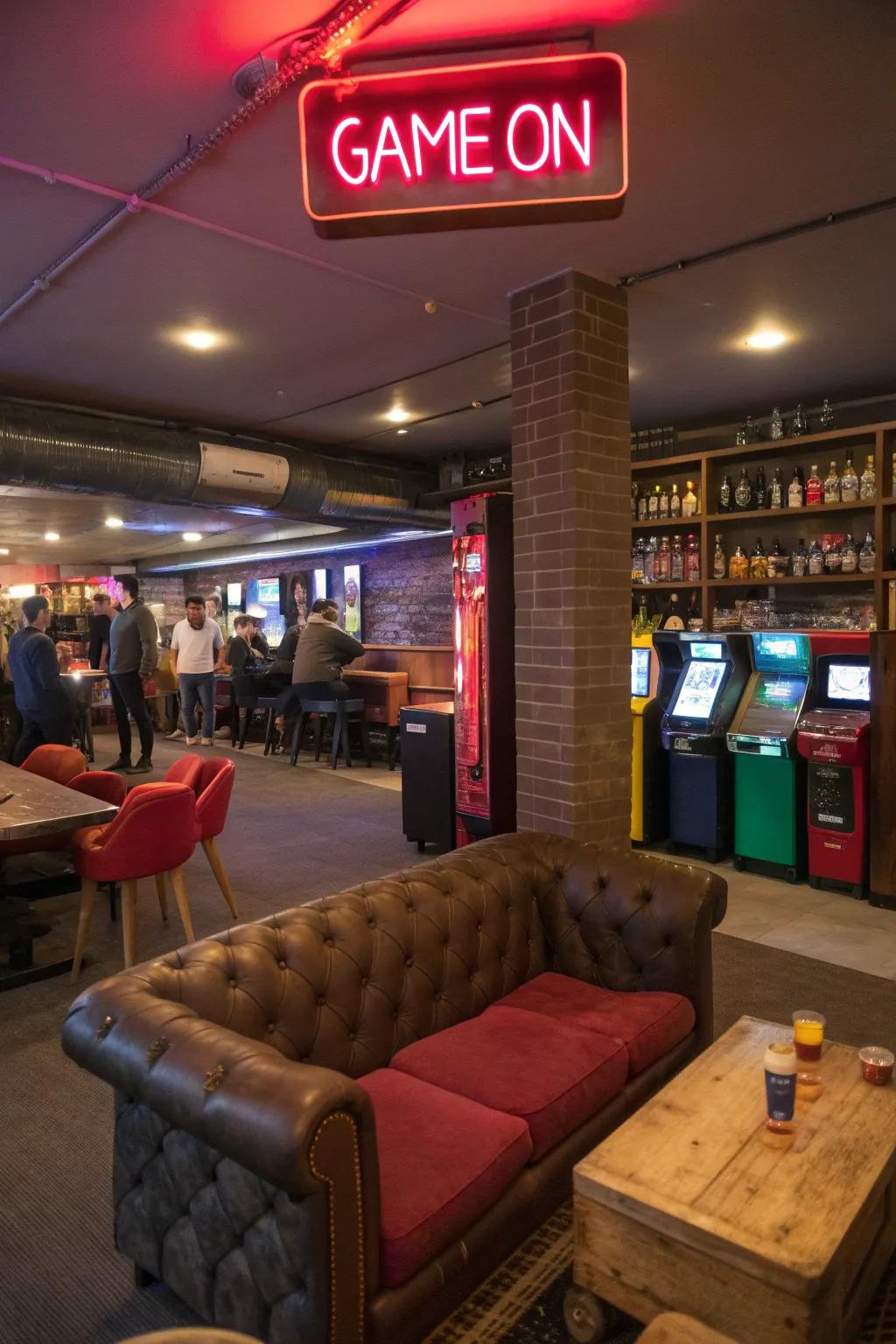 A vibrant neon design enhances the social vibe of a lounge.