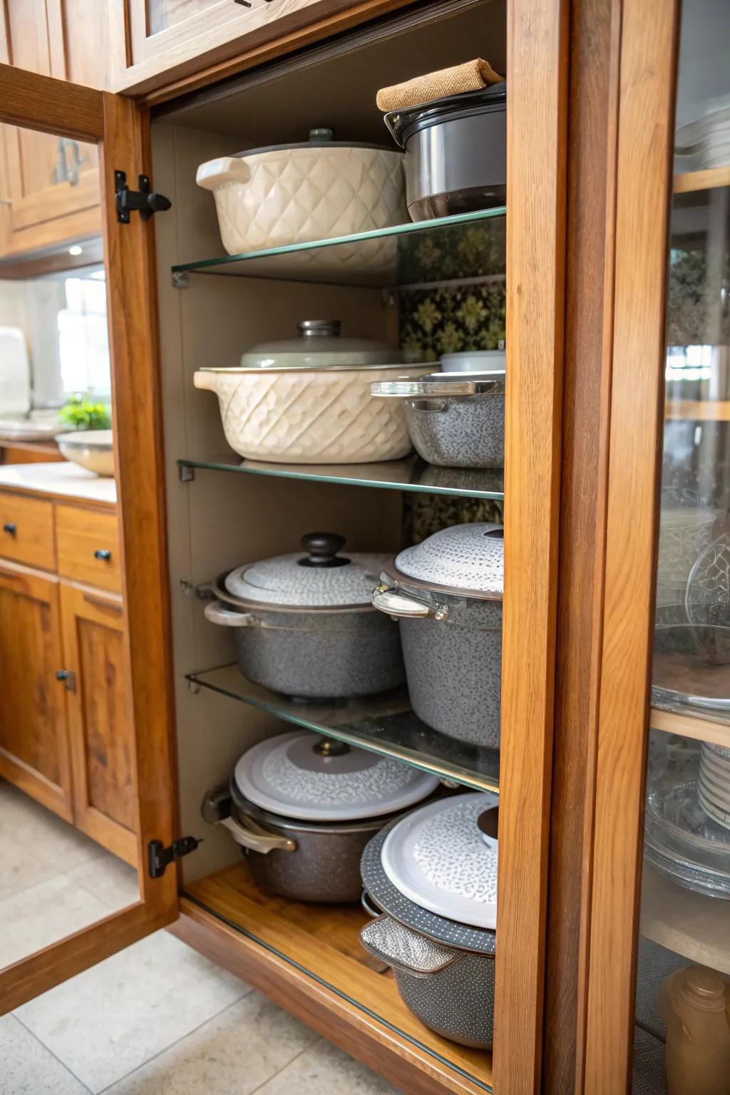 Strategically stacked cookware with protective layers to prevent damage.