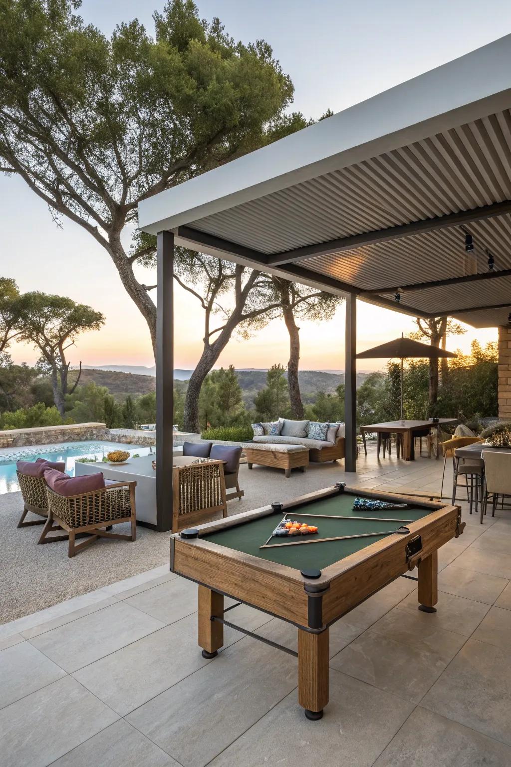 A convertible outdoor billiard table area showcasing versatile furnishings.