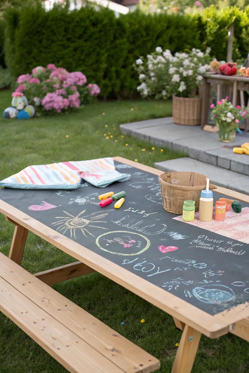 Chalkboard table tops incorporate a playful and interactive element to any garden.