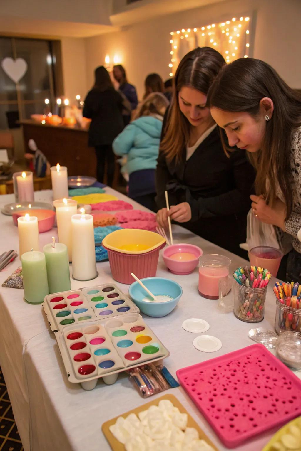 Setting up an interactive station with a DIY candle-making setup.