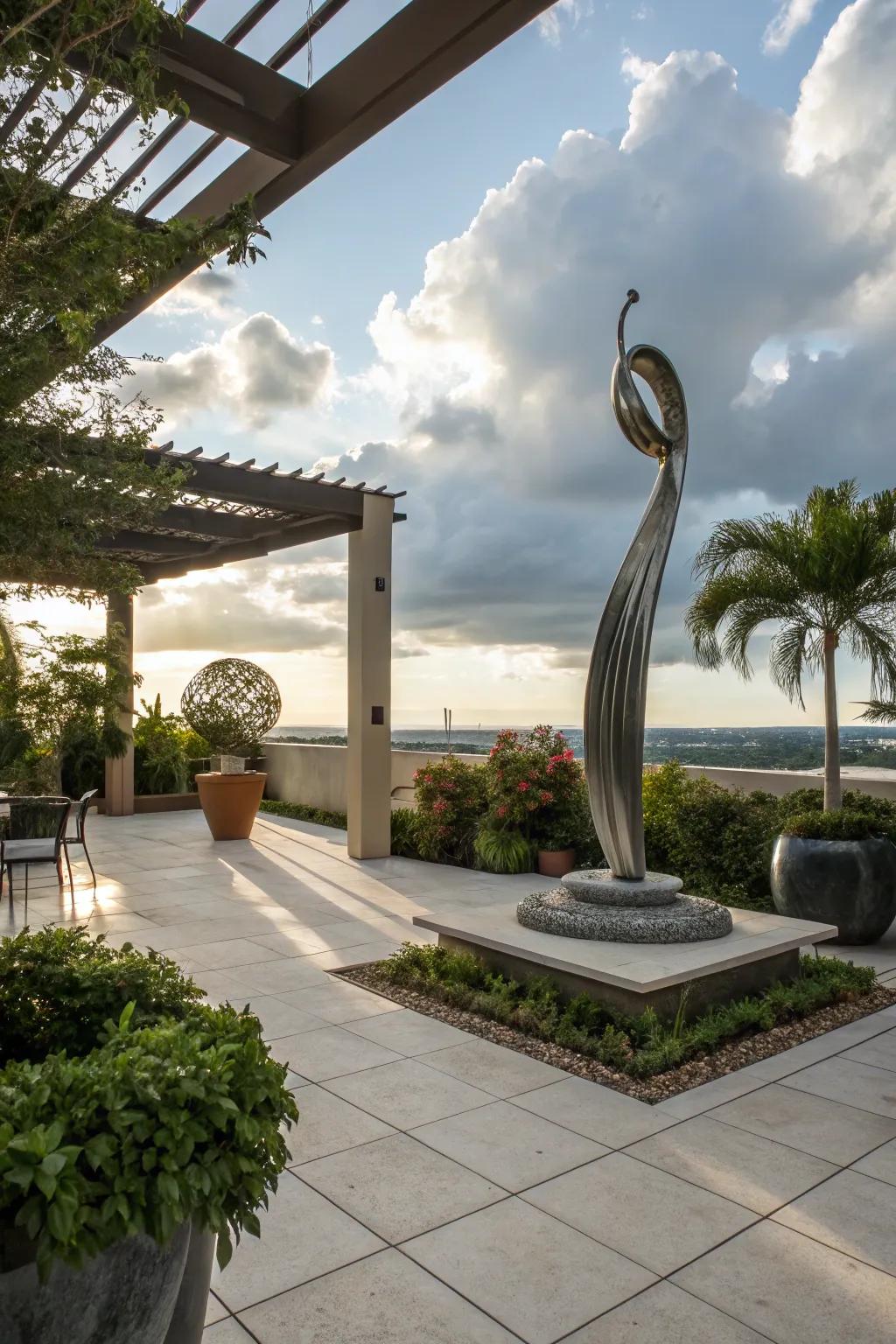 A sculpture appends artistic flair to your patio.