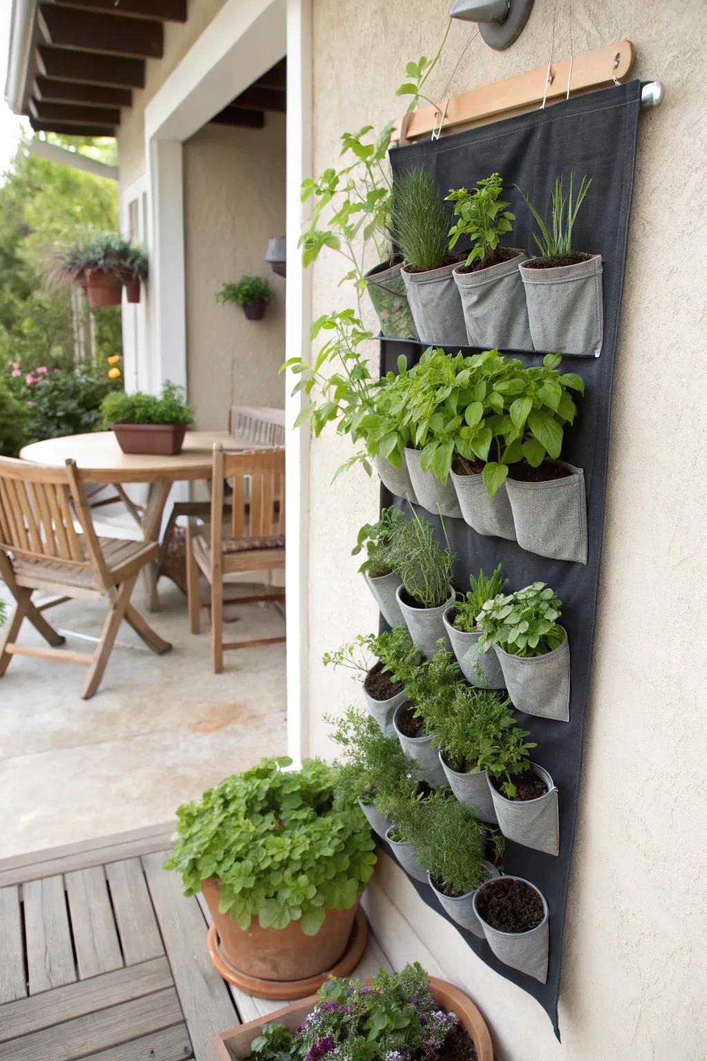 Shoe rack herb display growing vertically.