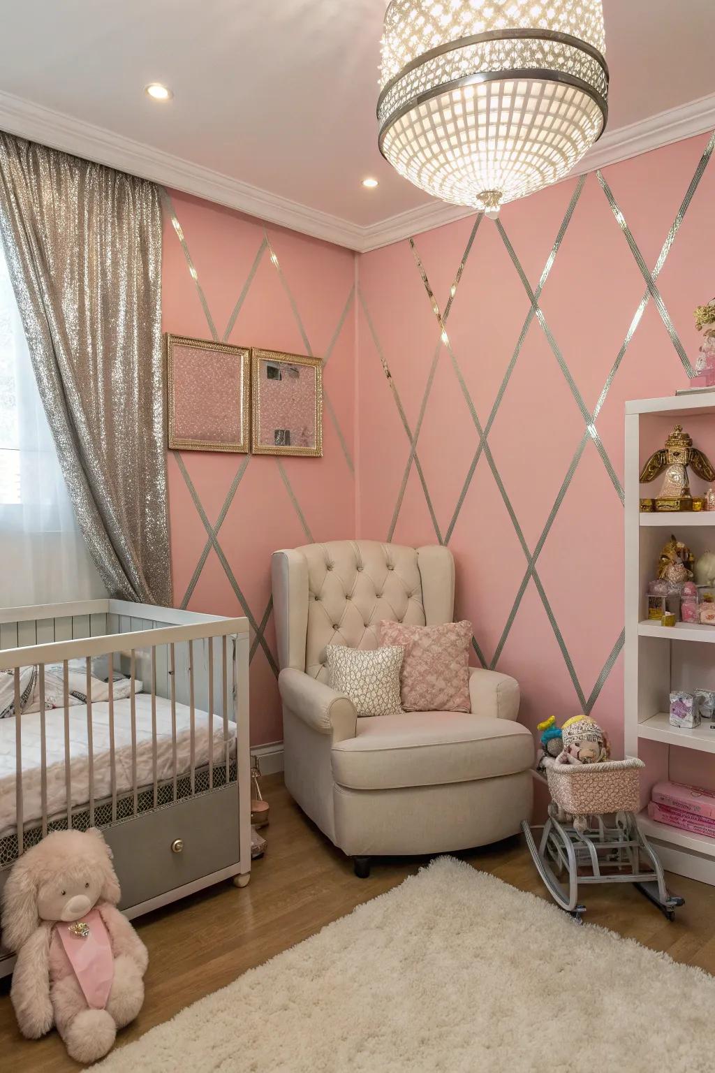 A glamorous nursery via rose partitions and metallic highlights.
