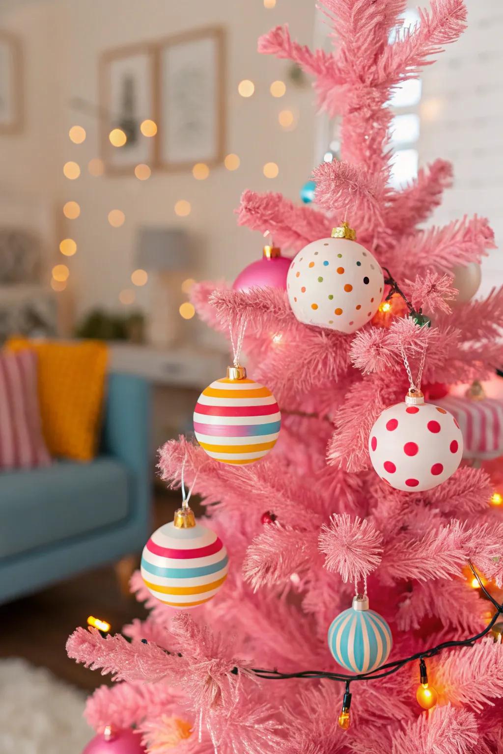 Cheerful patterns bestow a spirited vibe to this pink Christmas tree.