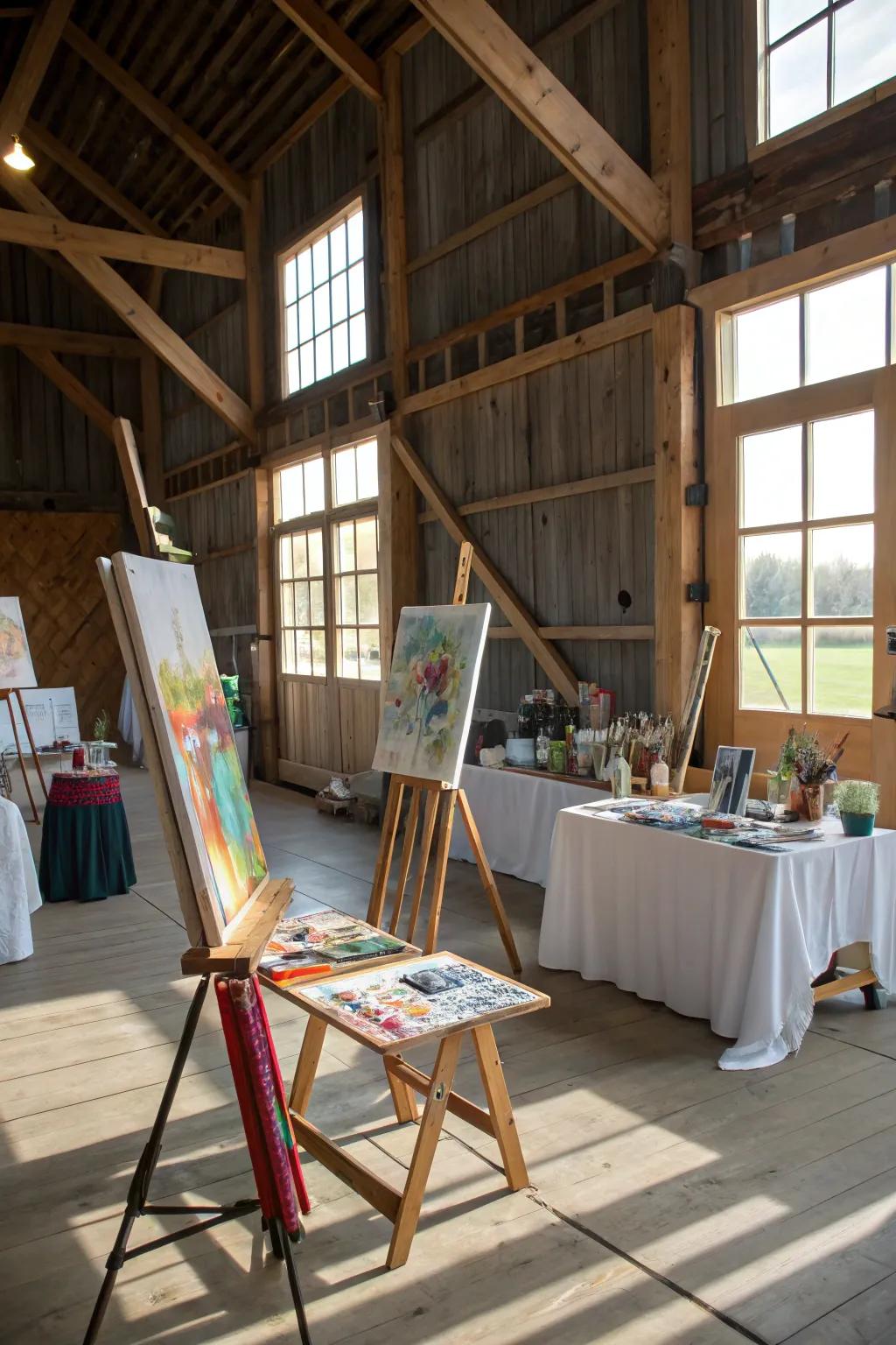 An artistic work space with art supplies and easels in a pole barn.