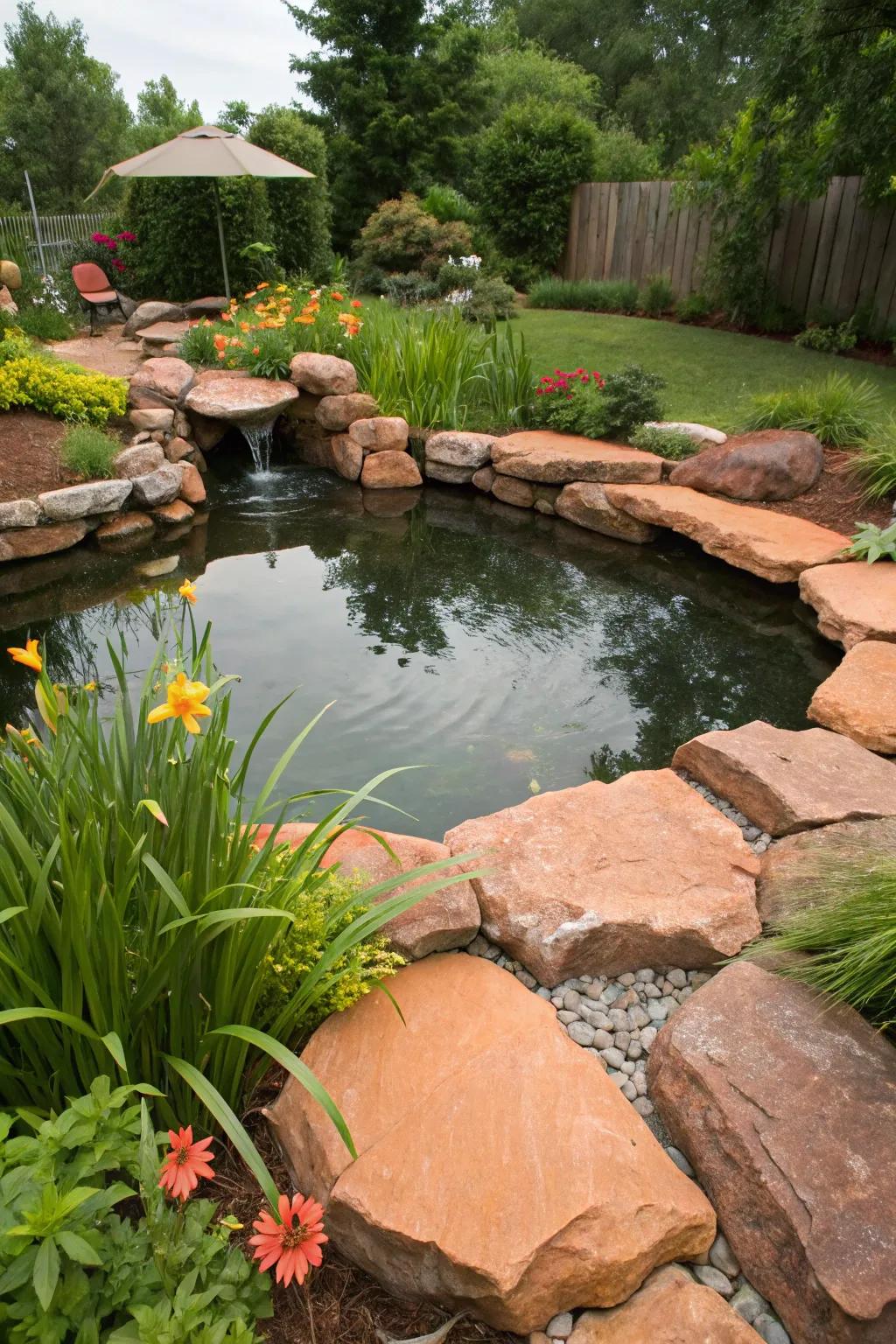 Clay-toned rocks accentuate a backyard pond.