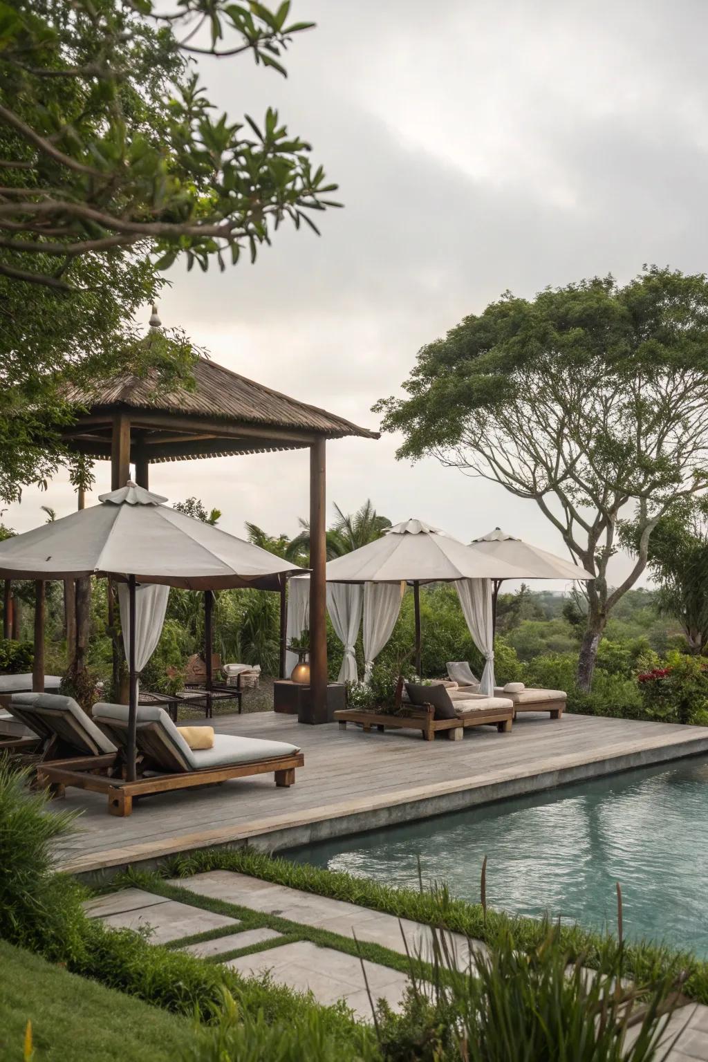 A meditation space offering tranquility and shade by the pool.