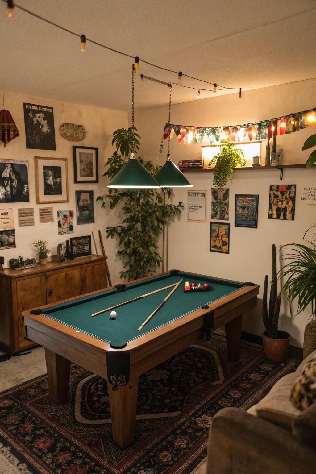 Unique accents make the small pool room feel warm and inviting.