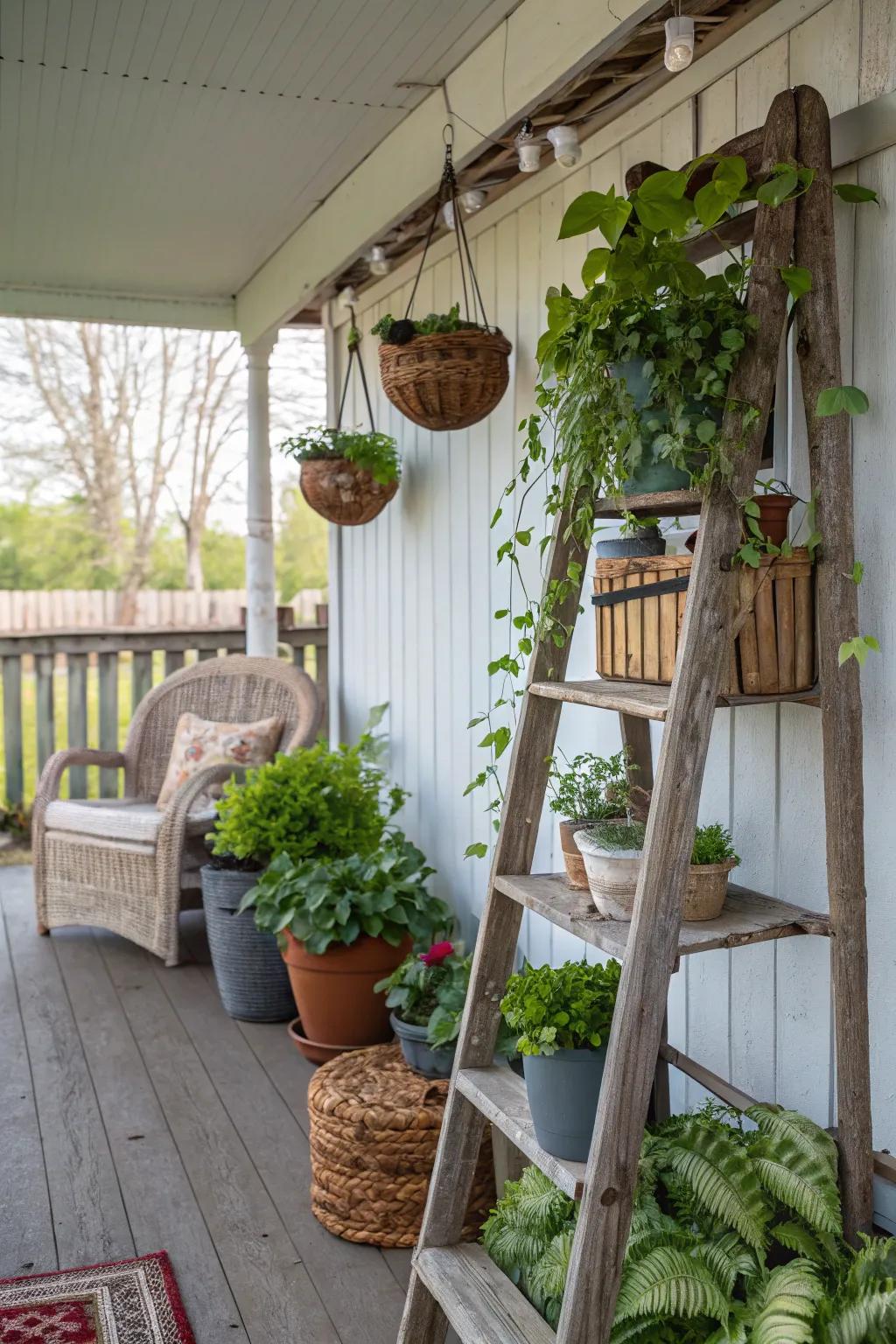 Repurposed elements add charm and creativity to the porch.