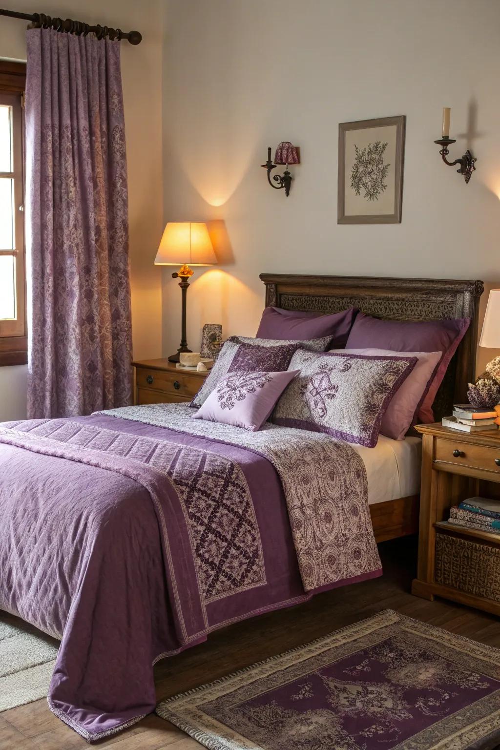 A purple bedding arrangement unifies the room's hue strategy.