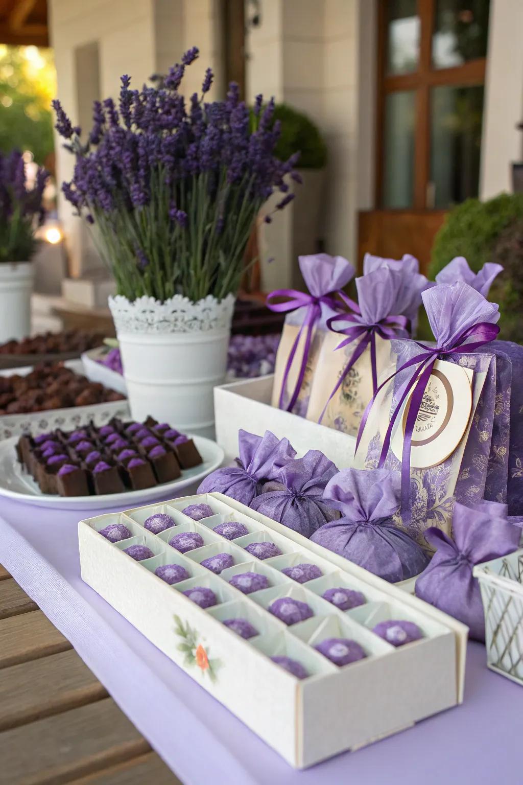 Purple-themed wedding favors offer a delightful parting gift for guests.