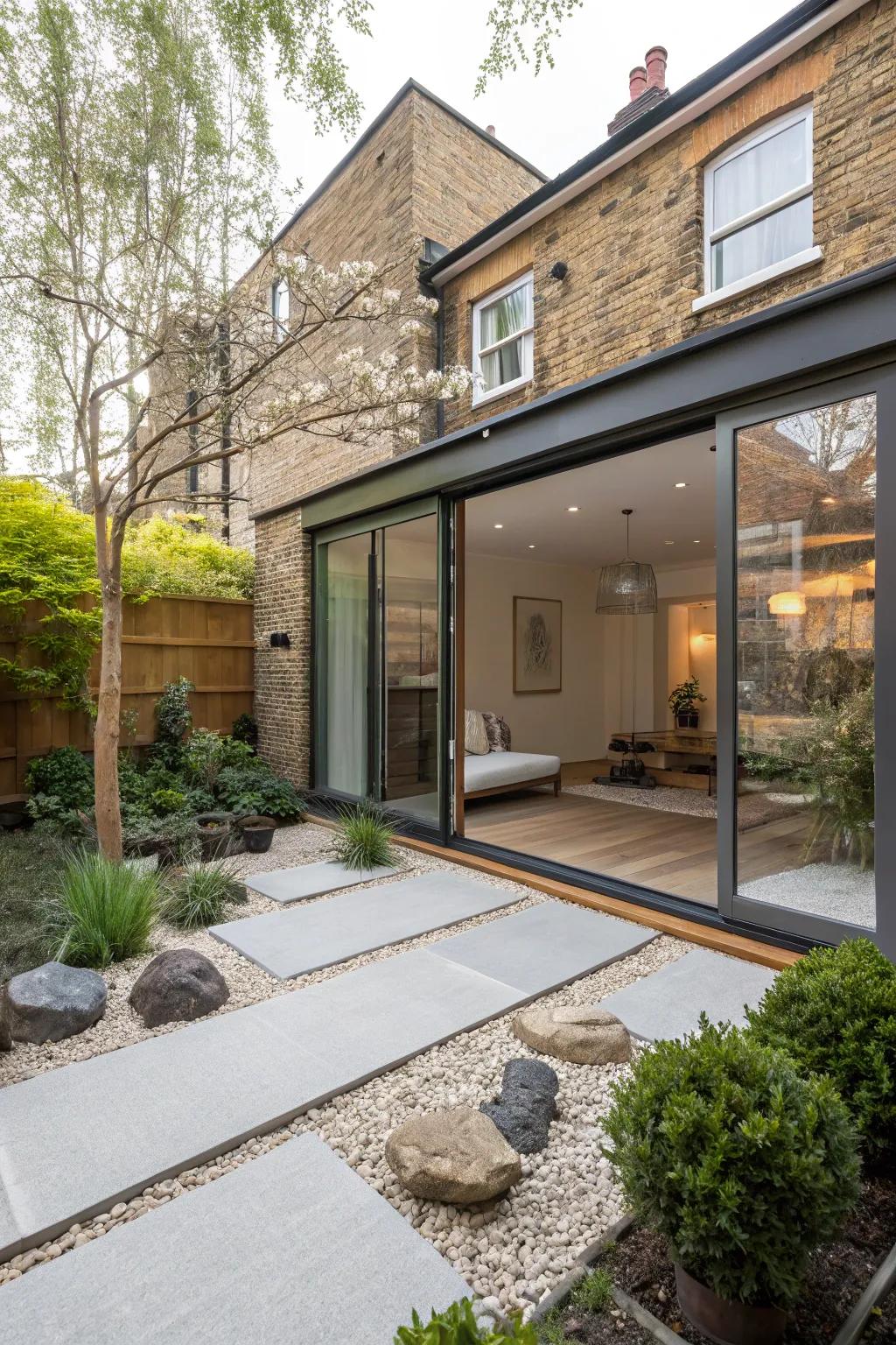 A tranquil rear extension connected to a serene Zen garden.