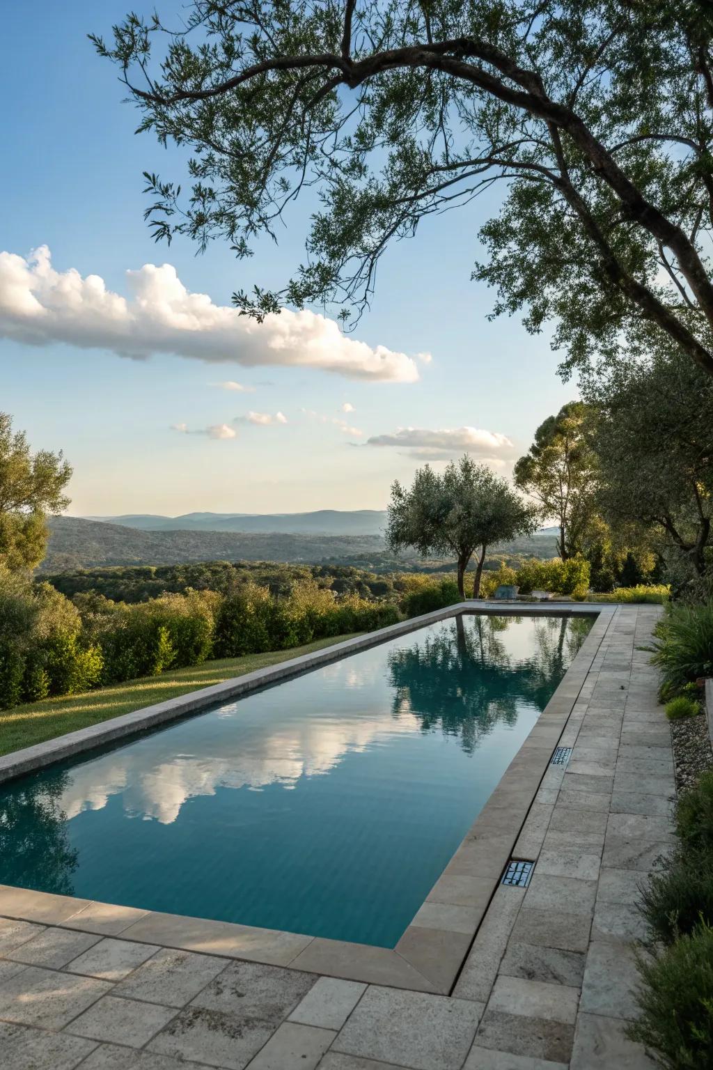 A reflective exterior appends elegance and serenity to the pool.