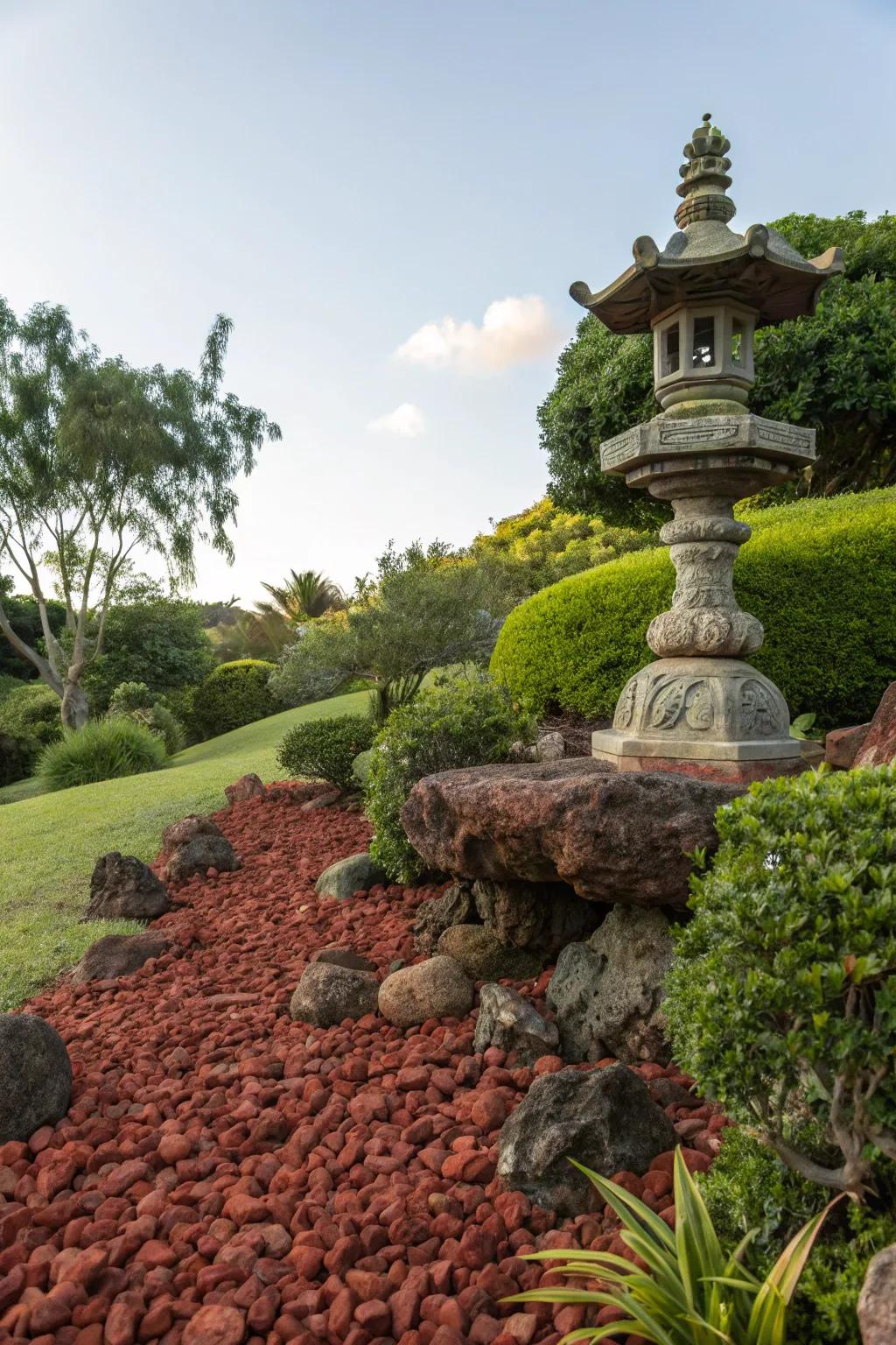 A sculpture on scarlet volcanic stones becomes a standout element in this garden.