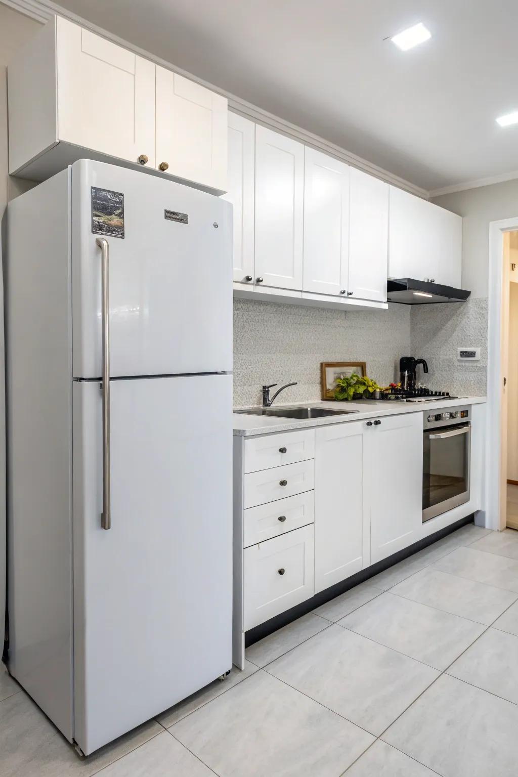 Minimalist design encircling the refrigerator accentuates elegance and simplicity.