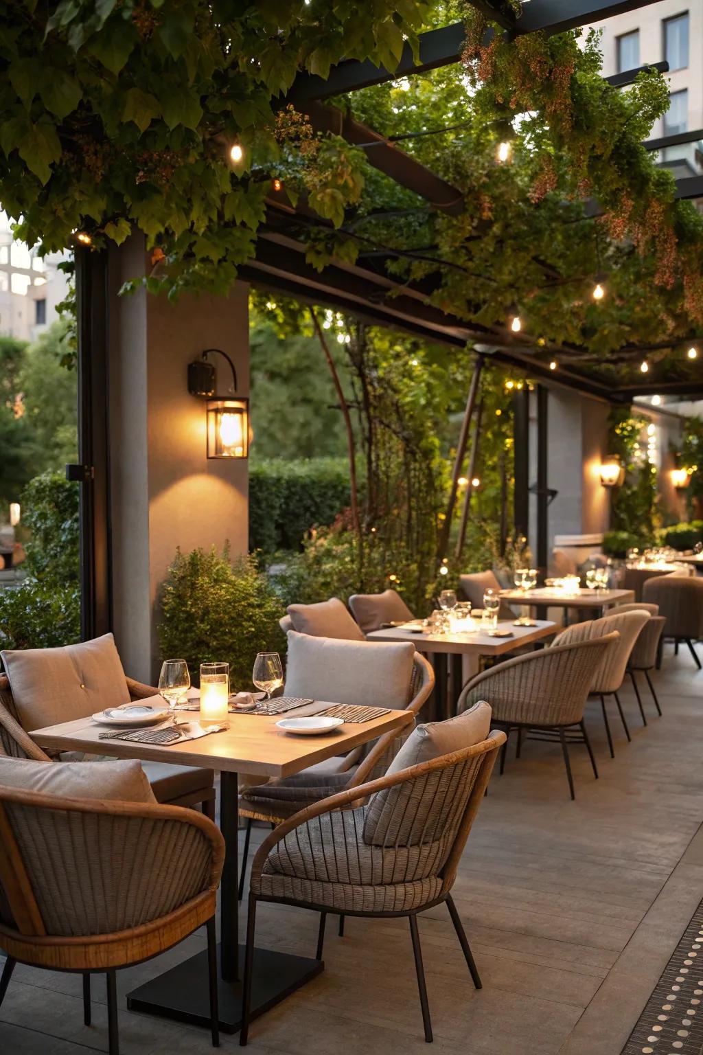 Chic outdoor areas invite patrons to unwind.