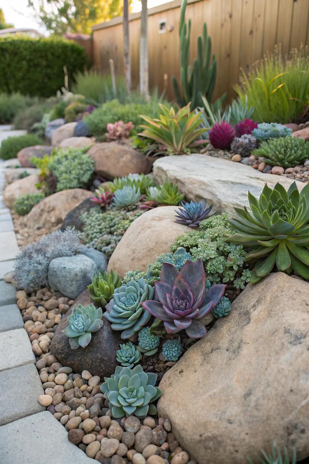 Create a vibrant garden using stones and succulents.