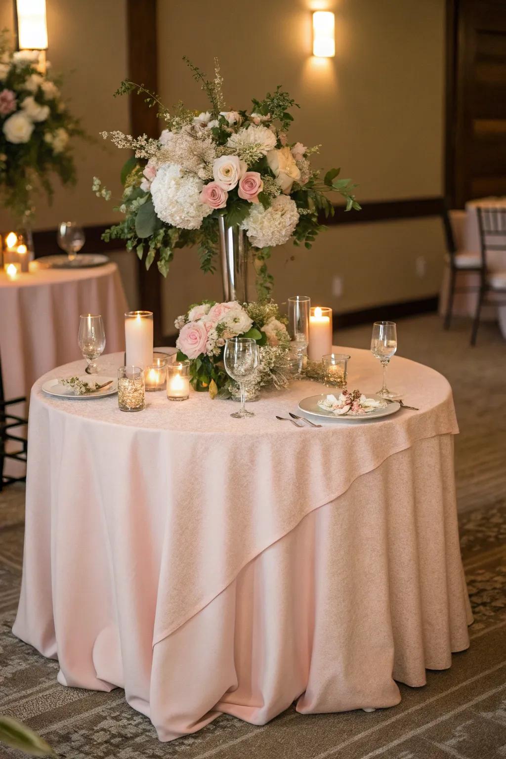Gentle rose table covering for a romantic wedding atmosphere.