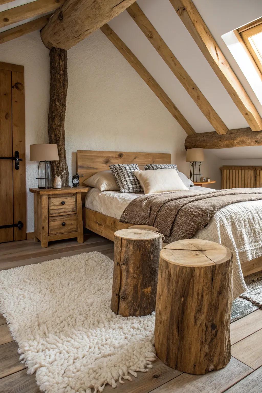 Timber stump tables add originality and nature's touch.
