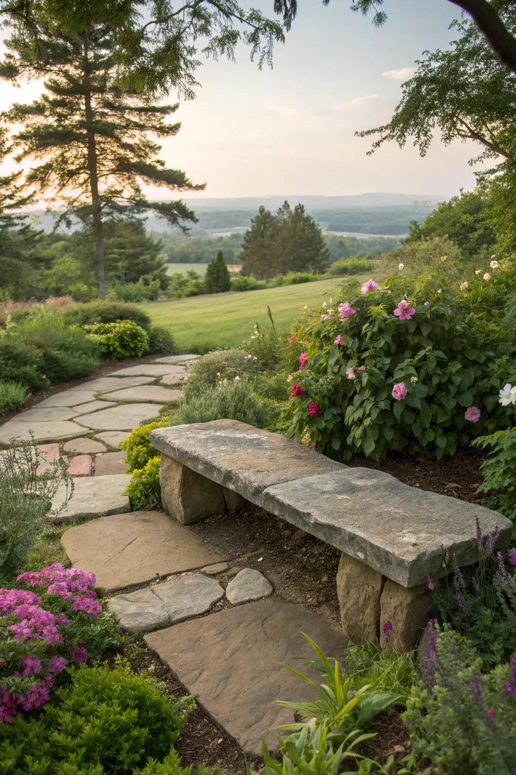 A garden seat built from natural stones, blending into its surroundings.