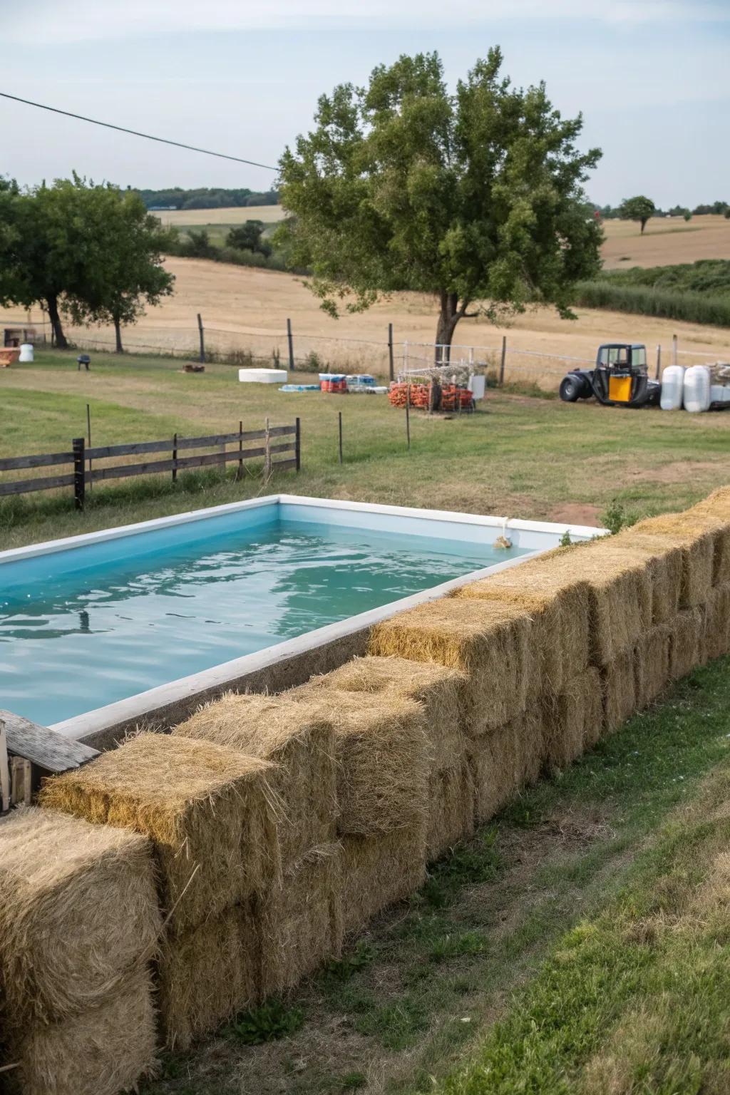 Hay bales creating a temporary, country farm-style pool fence.
