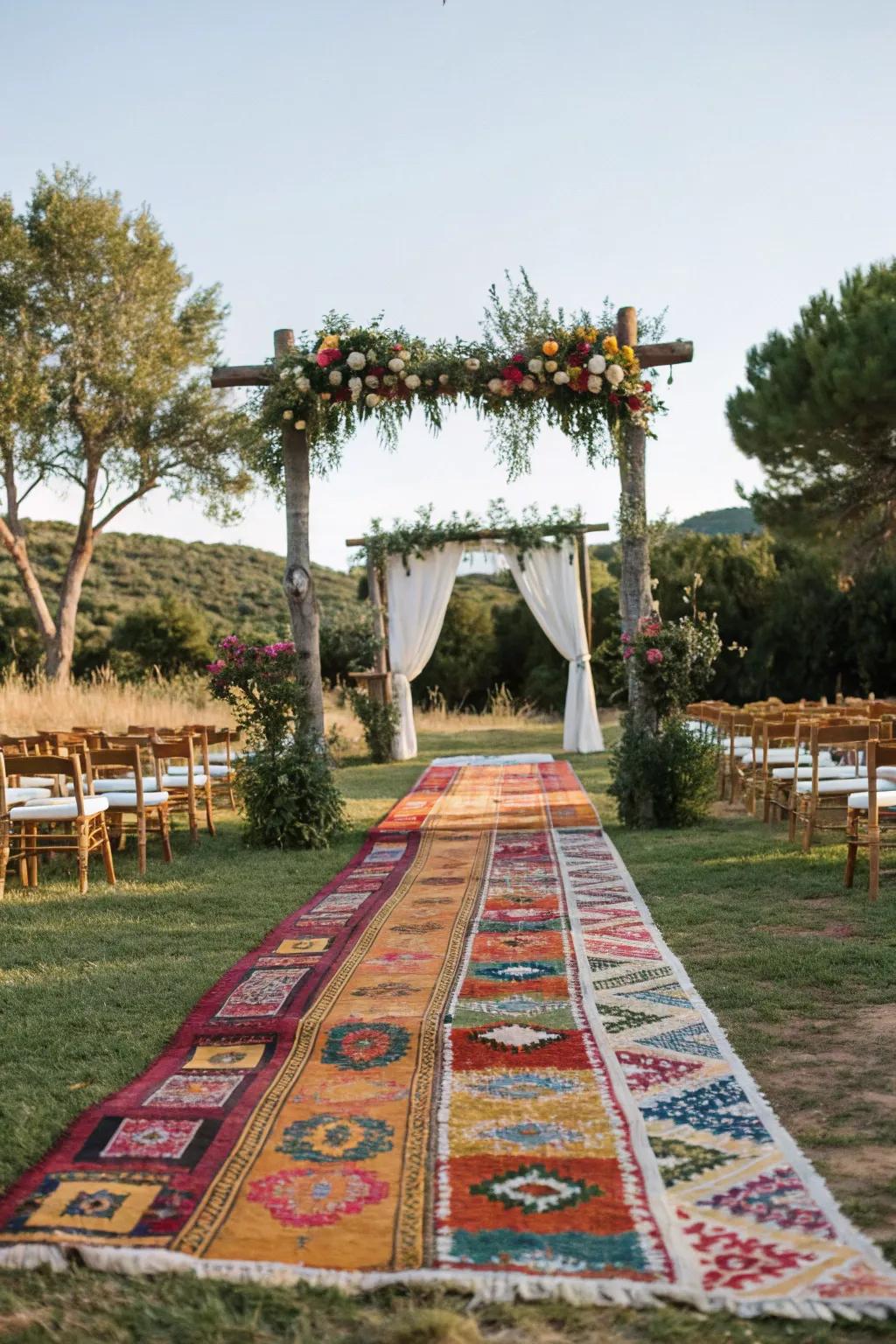 A path of eclectic floor coverings which leads to a weathered arch and introduces hues and texture.