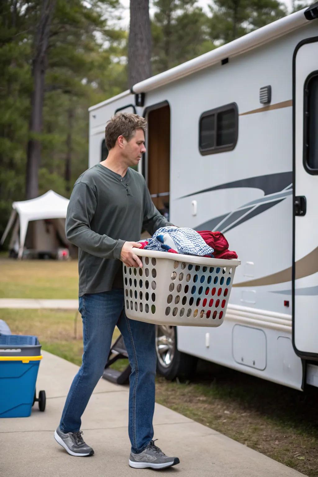 A portable basket made for transport on laundry day.