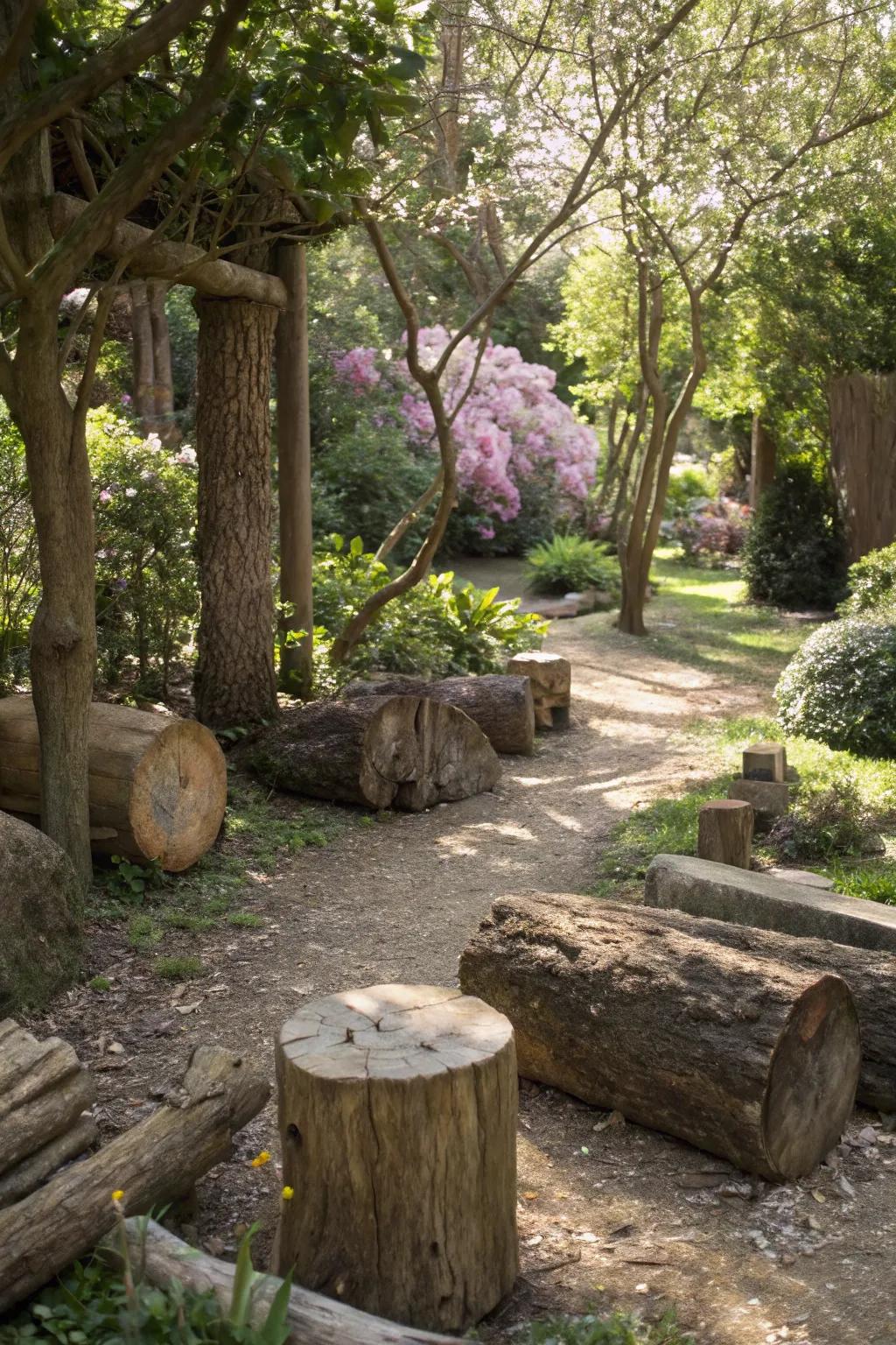 Rustic timber components elevating a shaded garden.
