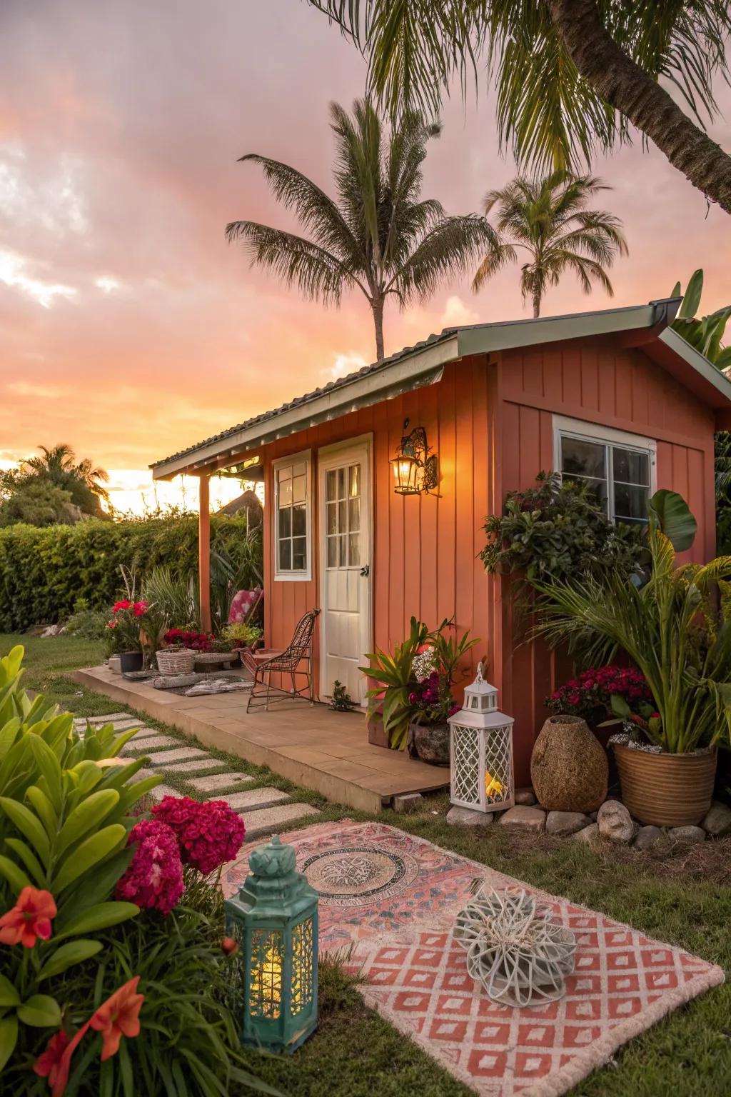 Sunset hue sheds add a glimpse of tropical paradise to your garden.