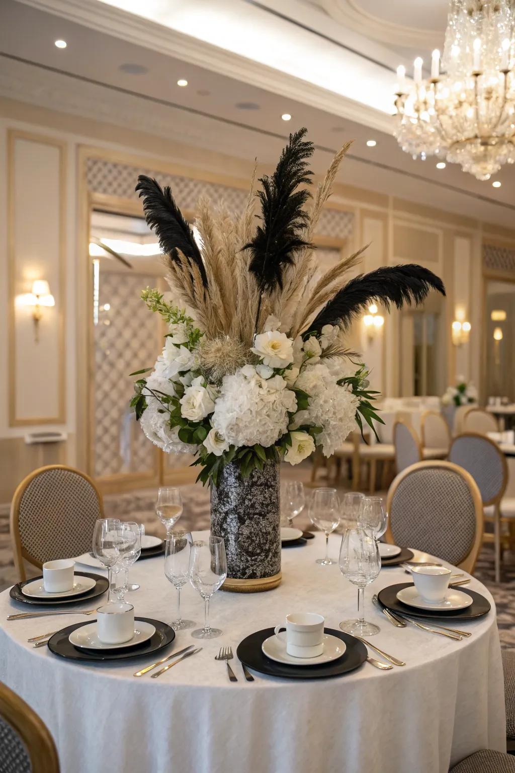 Monochrome elegance introduces a sense of sophistication to this centerpiece.