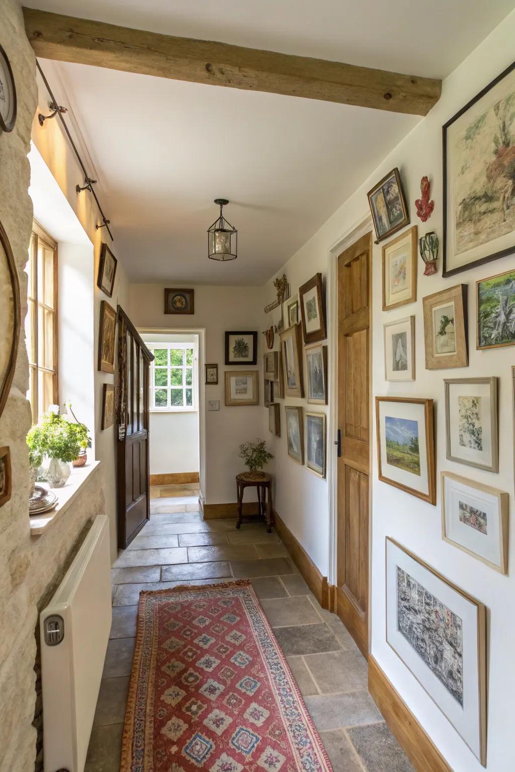 A gallery wall adds personality and interest to this hallway.
