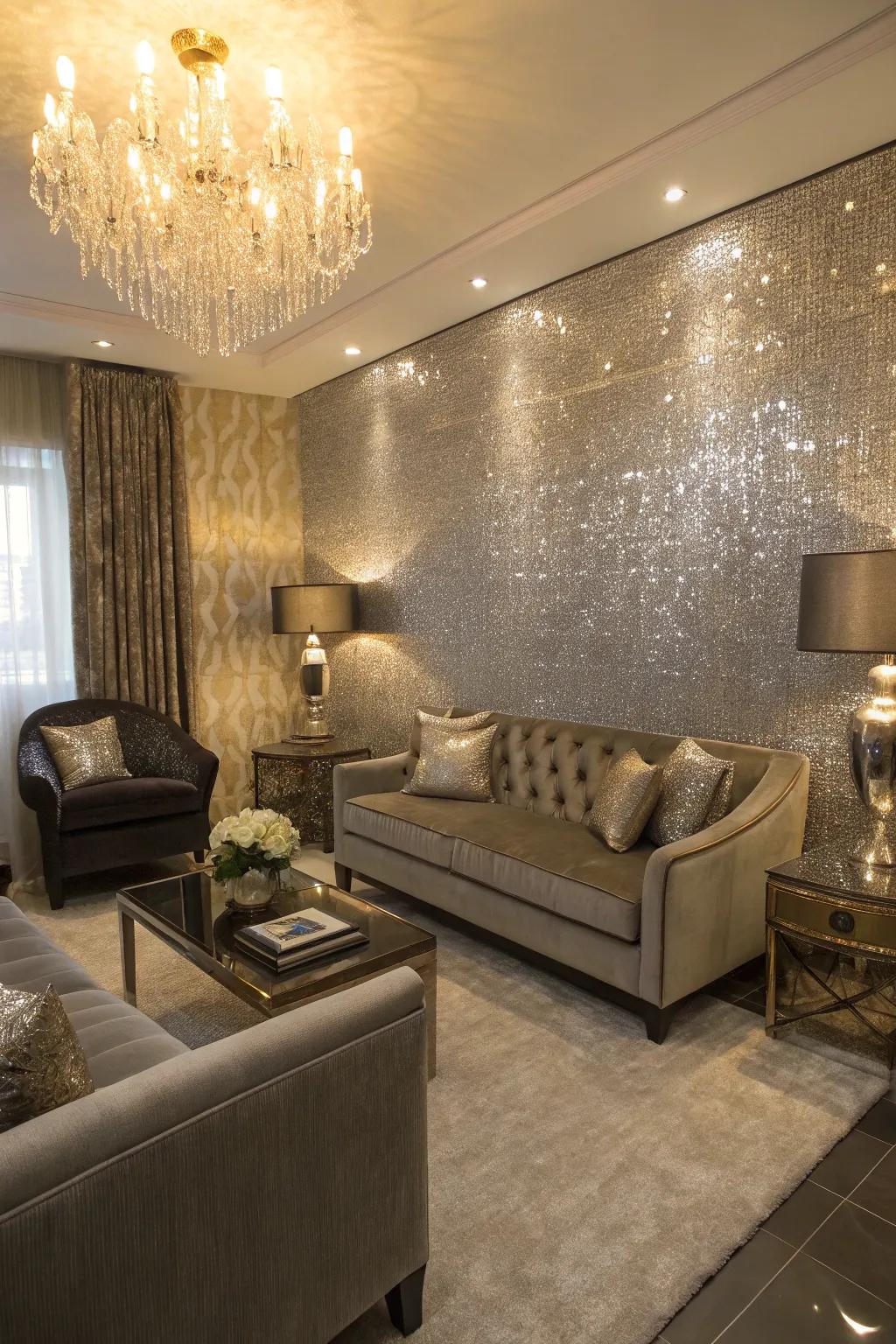 A compact living area featuring metallic accents for sparkle.