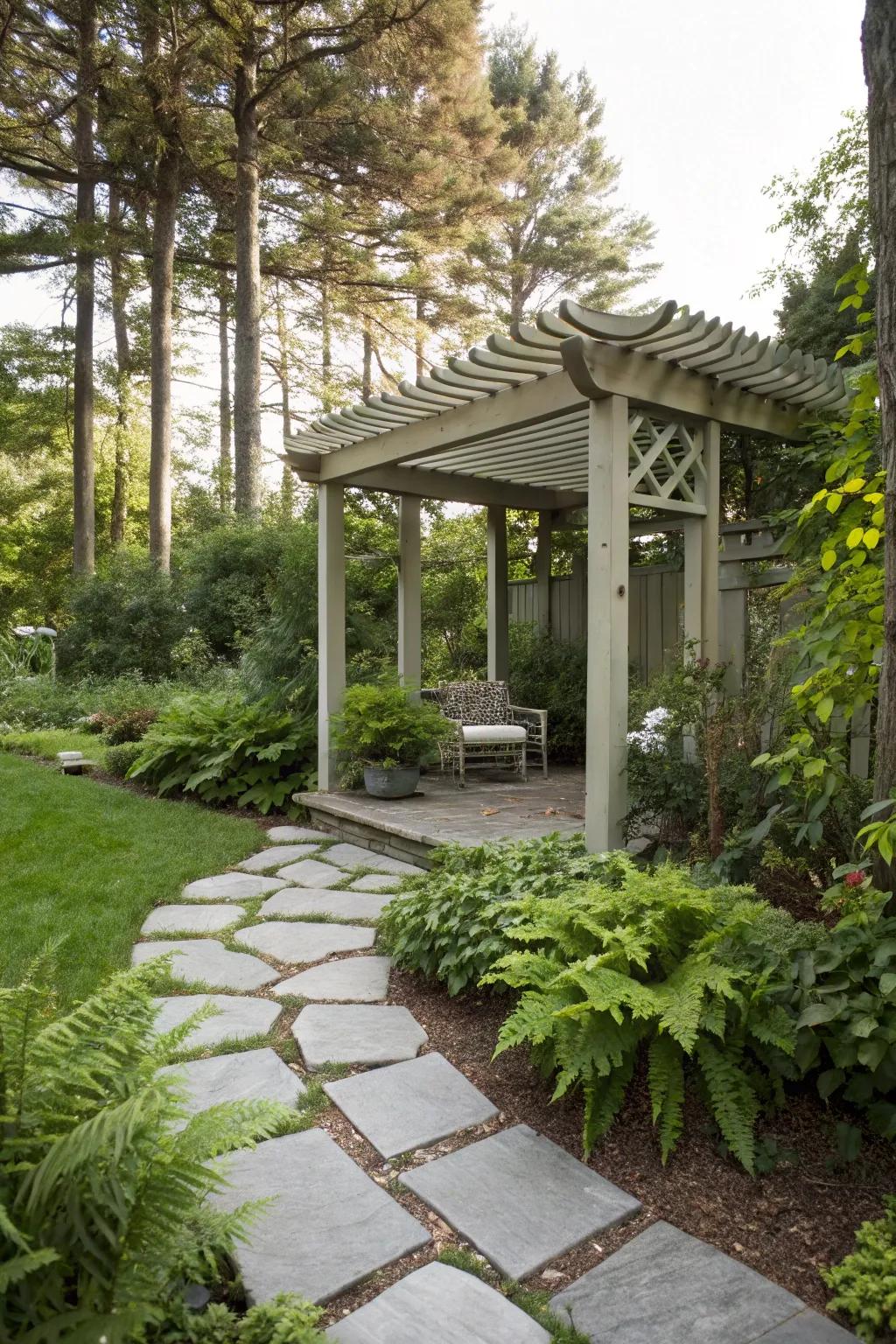 A stone walkway enhances the approach to a small framework.