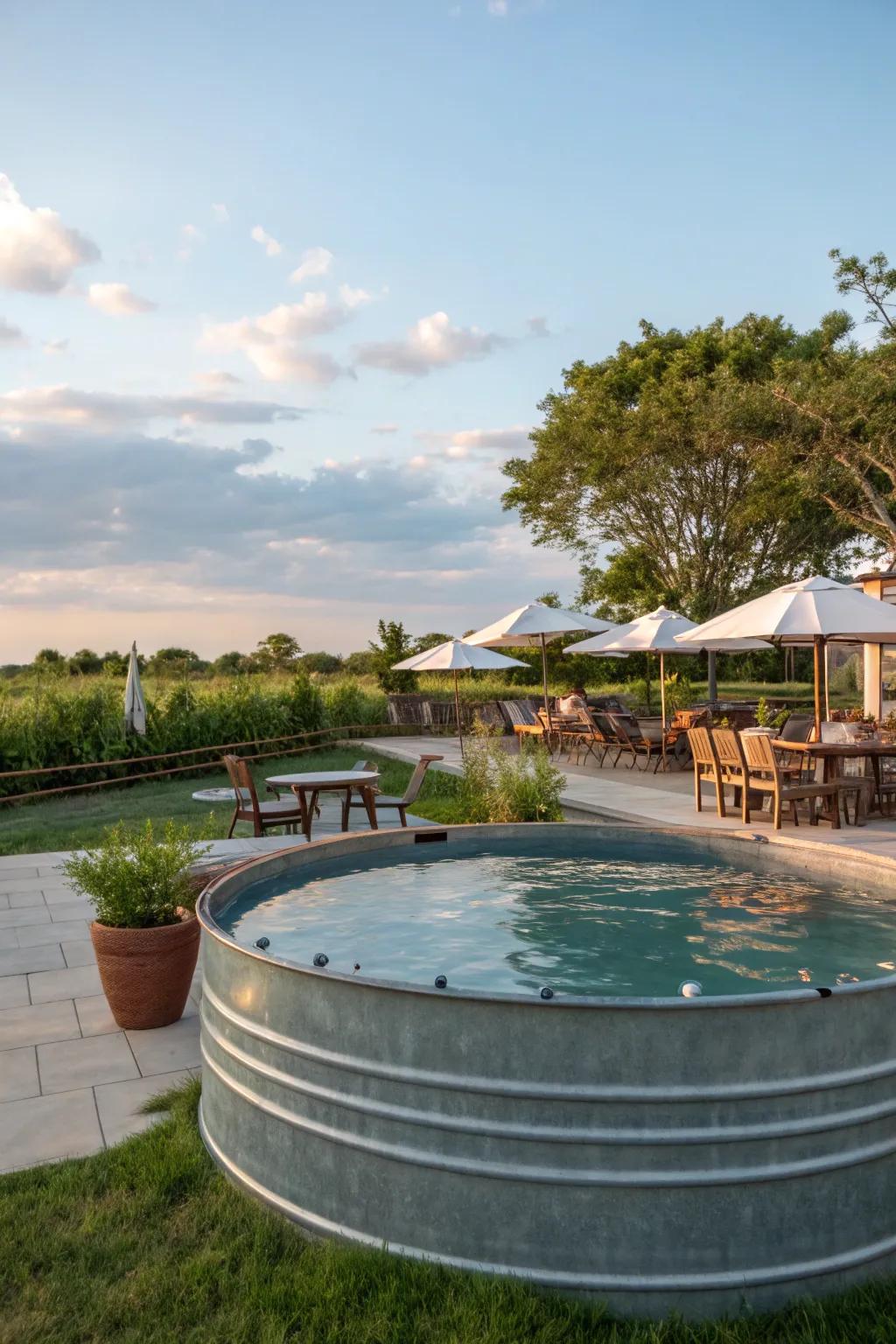 An outside sitting region positions the water trough pool as a social gathering location.