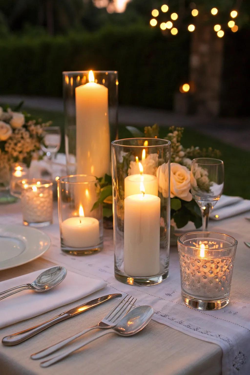 A table arrangement featuring fancy candlelight.