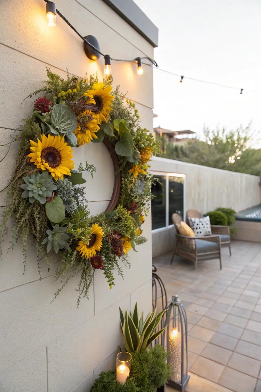 Modernity encounters nature in a sunflower and succulent wreath.