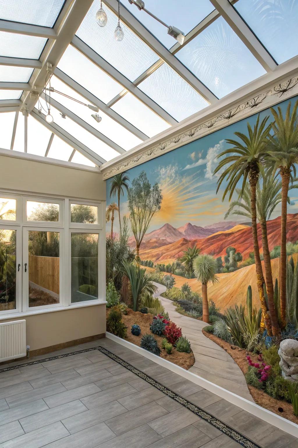 A sunroom featuring a surreal desert paradise.