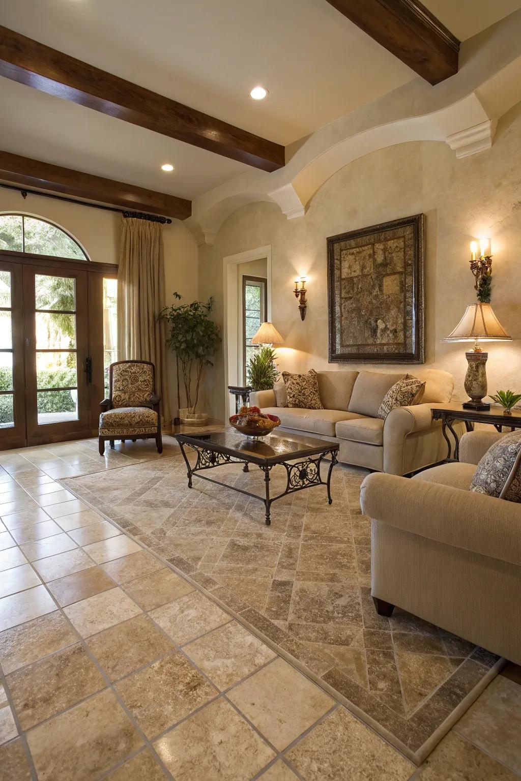 Sandstone panels deliver earthy classiness and warmth to this living room.
